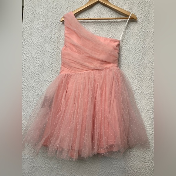 Lulu’s Exceptional Moments Light Pink Swiss Dot One Shoulder Mini Dress Size M - Picture 13 of 15